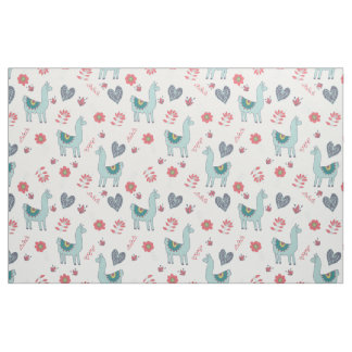Cute Llama Flower Hearts Folk Art Doodle Fabric