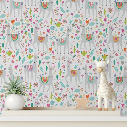 Cute Llama Flowers Girls Modern Kids Pattern Wallpaper