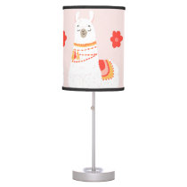 Cute Llama Flowers Pink Table Lamp