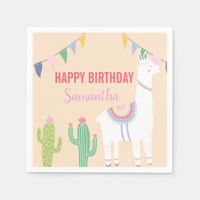 Cute Llama fun birthday Fiesta Cactus party Napkins (Front)