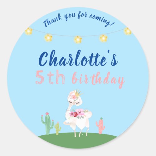 Cute Llama Fun Blue Birthday Party Classic Round Sticker