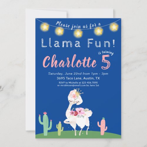 Cute Llama Fun Blue Birthday Party Invitation