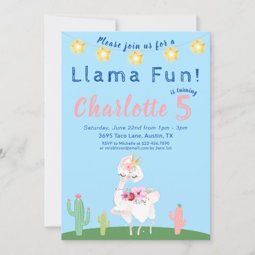 Cute Llama Fun Blue Birthday Party Invitation