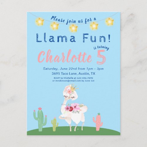 Cute Llama Fun Blue Birthday Party Invitation Postcard