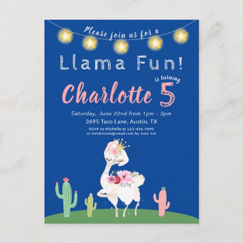 Cute Llama Fun Blue Birthday Party Invitation Postcard