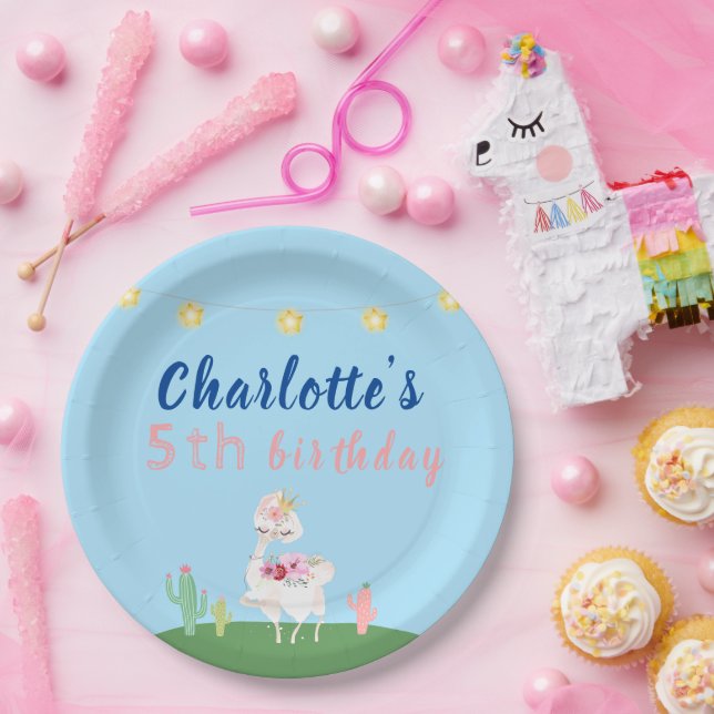Cute Llama Fun Blue Birthday Party Paper Plates (Party)
