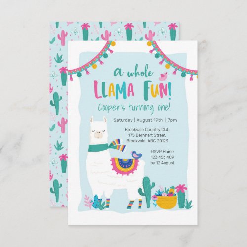 Cute Llama fun cactus Birthday Invitation