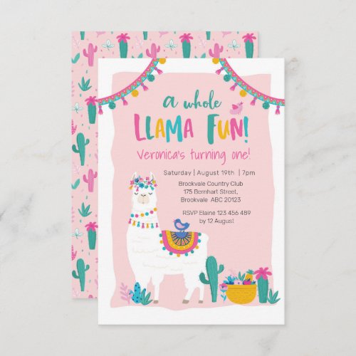 Cute Llama fun cactus Birthday Invitation