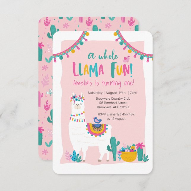 Cute Llama fun cactus Birthday Invitation (Front/Back)