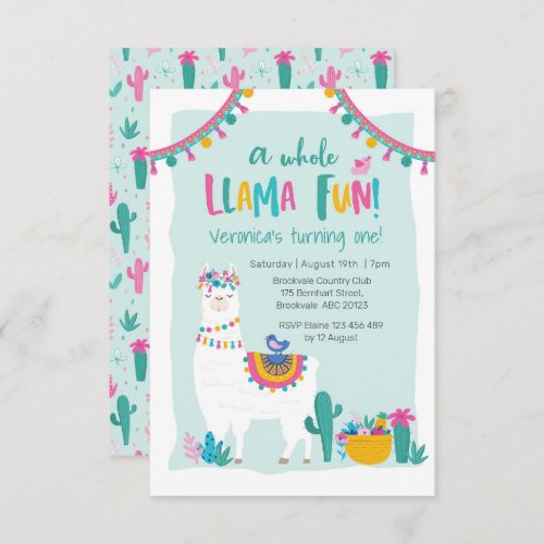 Cute Llama fun cactus Birthday Invitation