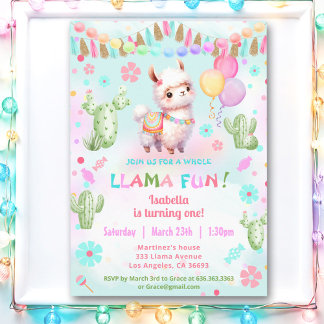 Cute Llama Fun Cactus Colorful Girl Birthday Invitation