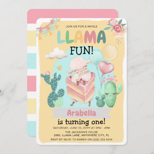 Cute Llama Fun Girls 1st Birthday Party Invitation