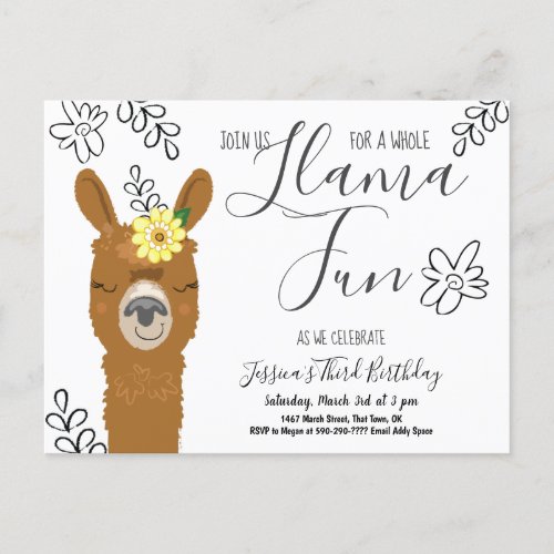 Cute Llama Fun Girls Birthday Party Invitation