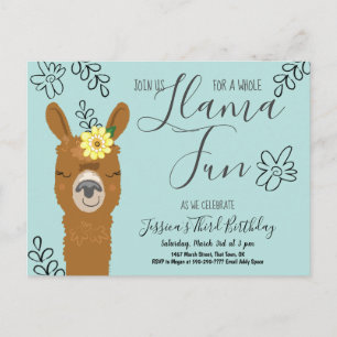 Cute Llama Fun Girls Birthday Party Invitation Postcard