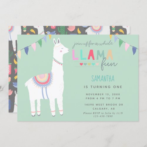 Cute Llama Fun Kids Birthday Fiesta Banner Invitation