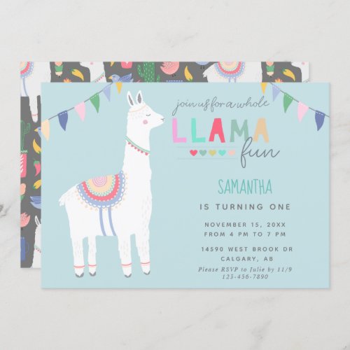 Cute Llama Fun Kids Birthday Fiesta Banner Invitation