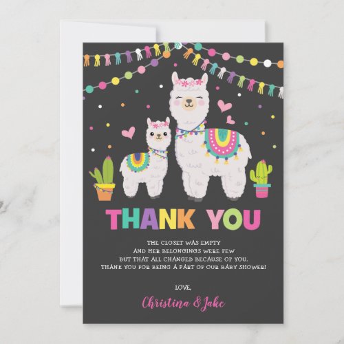 Cute Llama Girl Baby Shower Fiesta Thank You Card