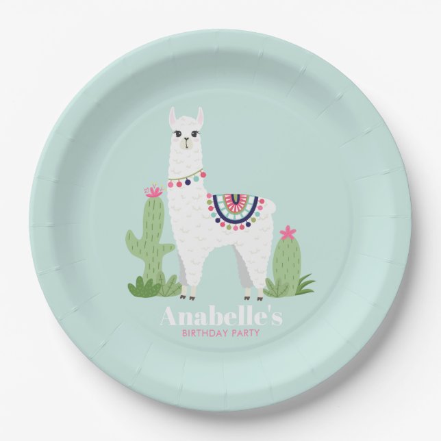 Cute Llama Girl's Birthday Party Paper Plates (Front)