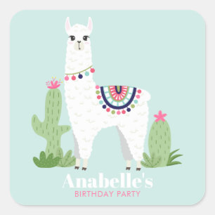 Cute Llama Girl's Birthday Party Square Sticker