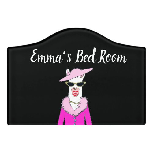 Cute Llama Girls Black Bed Room Door Sign