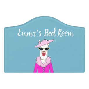 Cute Llama Girls Blue Bed Room Door Sign