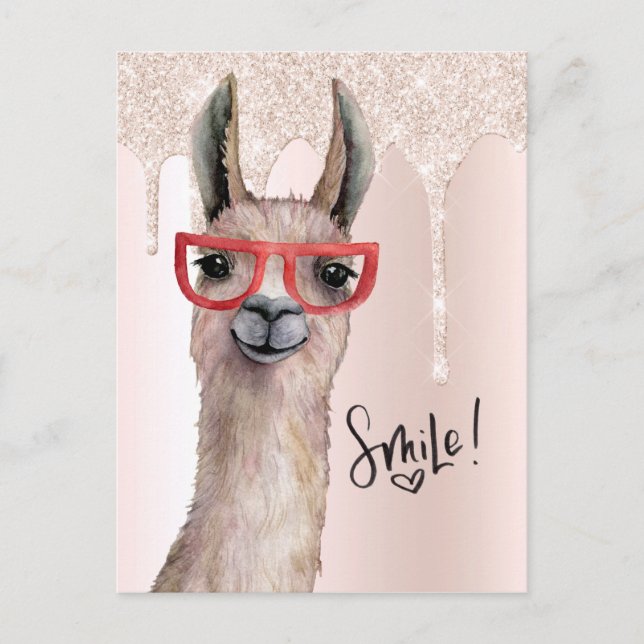 Cute Llama Girly Pink Glitter Thank You Postcard (Front)