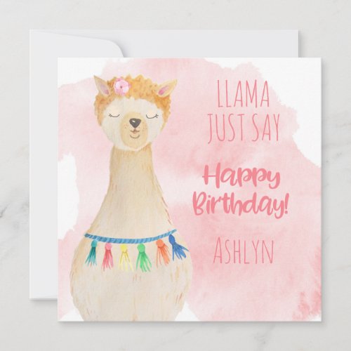 Cute Llama Girly Pink Personalized Birthday Card