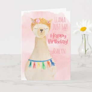 Cute Llama Girly Pink Personalized Birthday Card