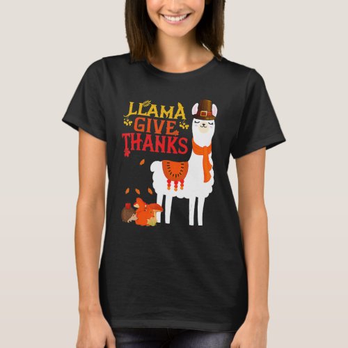 Cute Llama Give Thanks  Llama Pilgrim Thanksgiving T-Shirt
