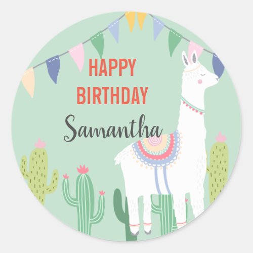 Cute Llama Happy Birthday Cactus Succulents Classic Round Sticker