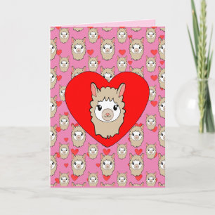 Cute Llama Head And Red Hearts Pink Background Card