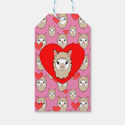 Cute Llama Head And Red Hearts Pink Background Gift Tags