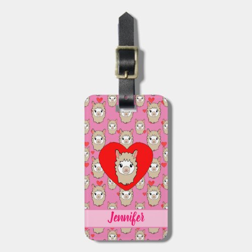 Cute Llama Head And Red Hearts Pink Background Luggage Tag