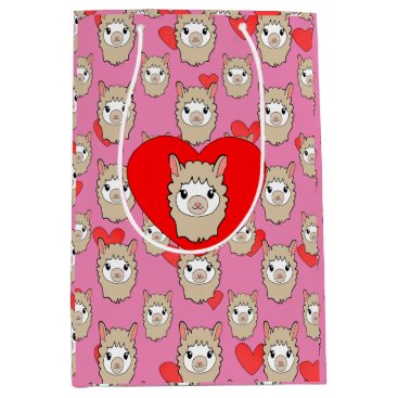 Cute Llama Head And Red Hearts Pink Background Medium Gift Bag