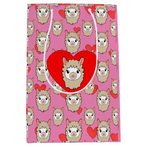 Cute Llama Head And Red Hearts Pink Background Medium Gift Bag