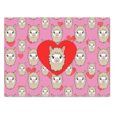Cute Llama Head And Red Hearts Pink Background Tissue Paper