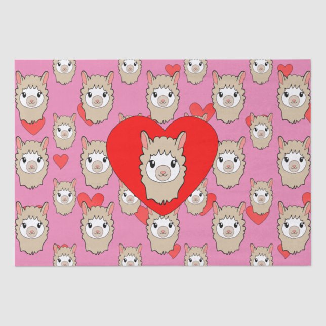 Cute Llama Head And Red Hearts Pink Background Tissue Paper (Front)