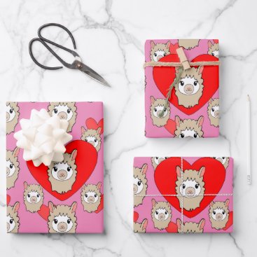Cute Llama Head And Red Hearts Pink Background Wrapping Paper Sheets