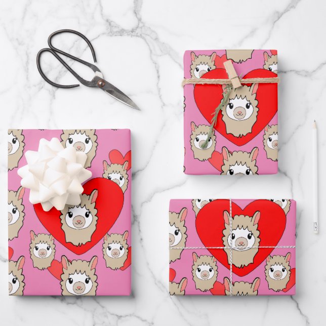 Cute Llama Head And Red Hearts Pink Background Wrapping Paper Sheets (Front)