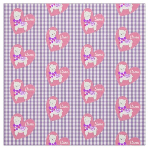 Cute Llama Heart Gingham Plaid Pink Purple White Fabric