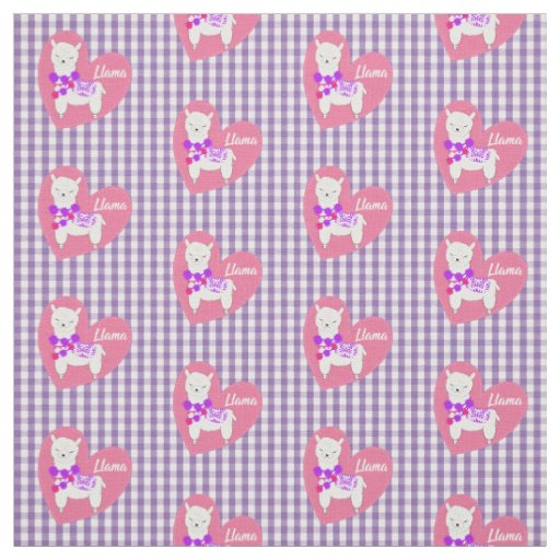 Cute Llama Heart Gingham Plaid Pink Purple White Fabric