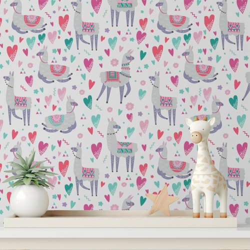 Cute Llama Hearts Girls Modern Kids Pattern Wallpaper