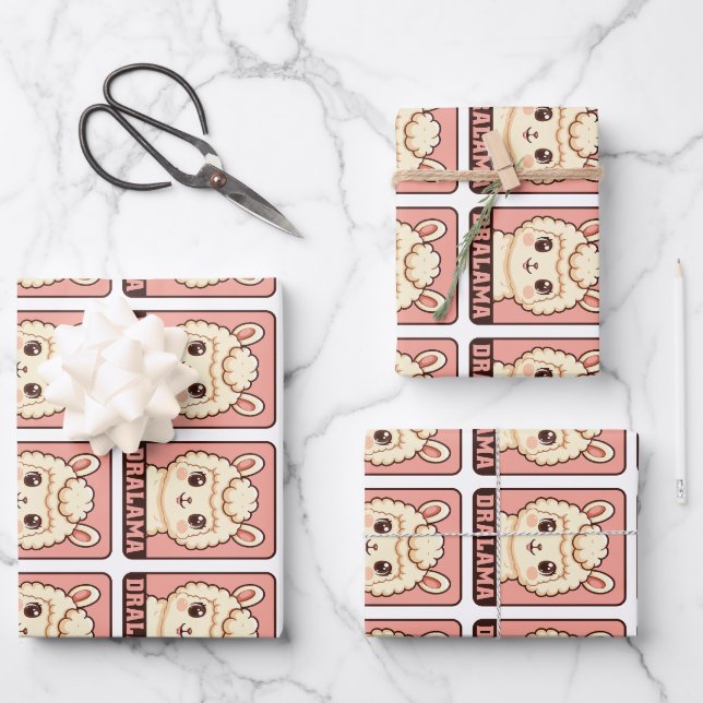 Cute llama illustration design wrapping paper sheets (Front)