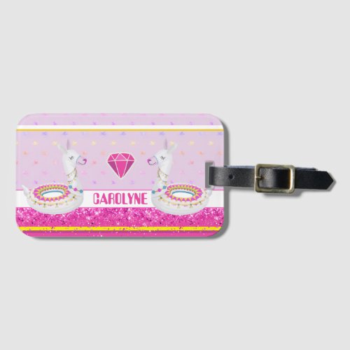 Cute llama illustration glittery custom name luggage tag