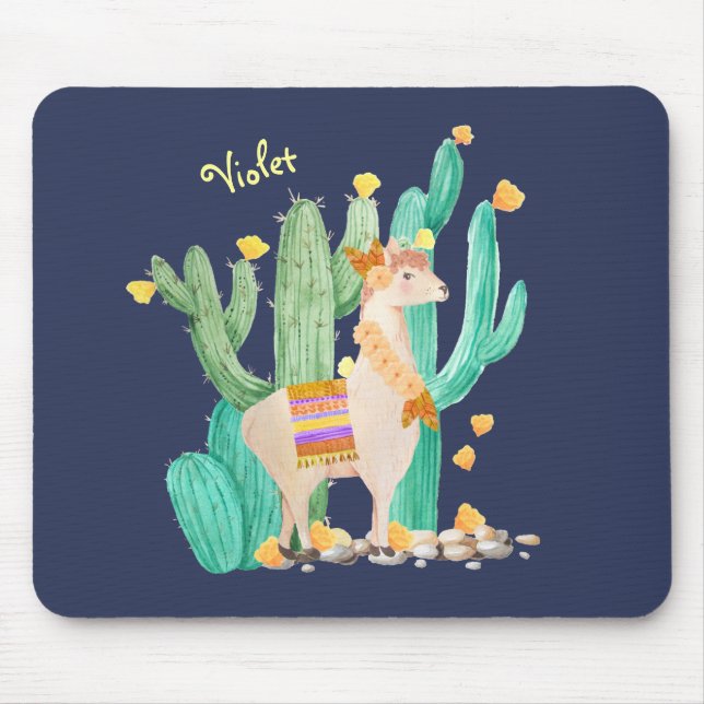 Cute Llama in Cactus Garden - Personalized Blue Mouse Pad (Front)