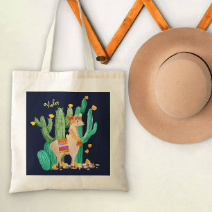 Cute Llama in Cactus Garden with Yellow Flowers Tote Bag