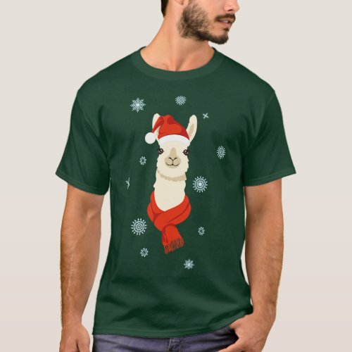 Cute llama in red hat and scarf T_Shirt