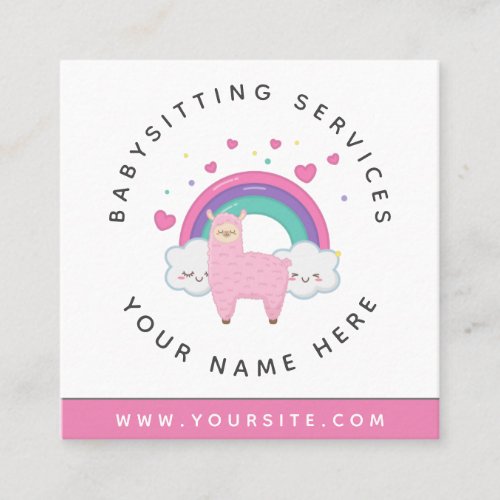 Cute Llama Kawaii Clouds Pink Daycare Babysitting Square Business Card