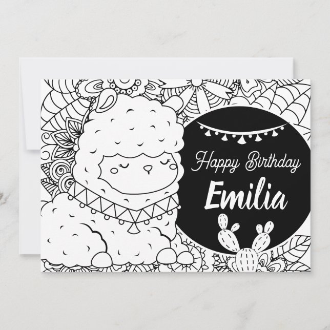 Cute Llama Kids Birthday Floral Coloring Holiday Card (Front)