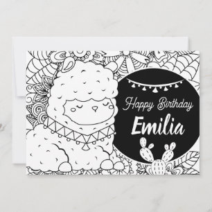 Cute Llama Kids Birthday Floral Coloring Holiday Card